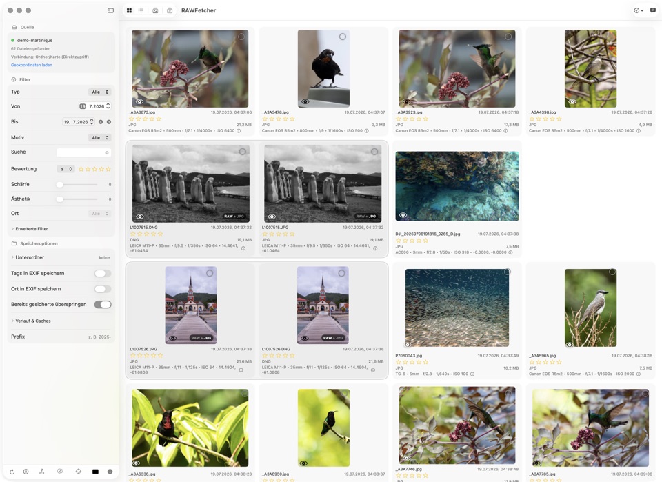 Screenshot: RAWFetcher Rasteransicht mit RAW+JPG-Paaren