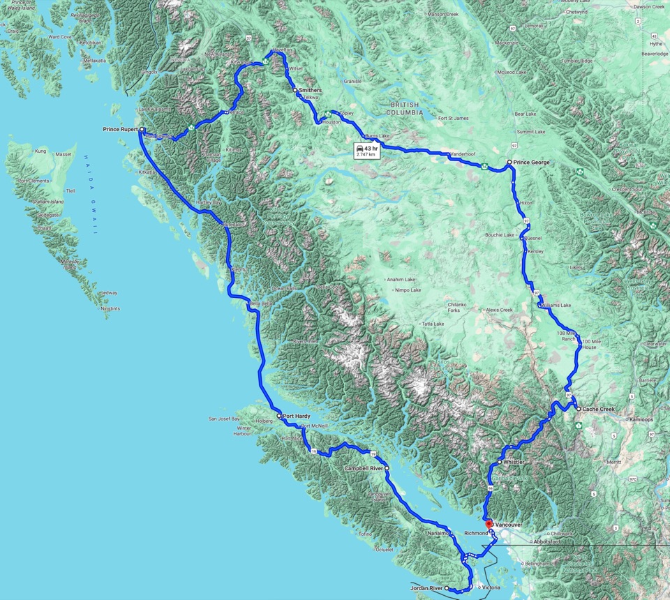 Karte von British Columbia mit eingezeichneter Rundreise-Route von Vancouver über Prince Rupert und Vancouver Island